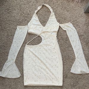 White Oh Polly Marseilles Embellished Cold Shoulder Cut Out Mini Dress